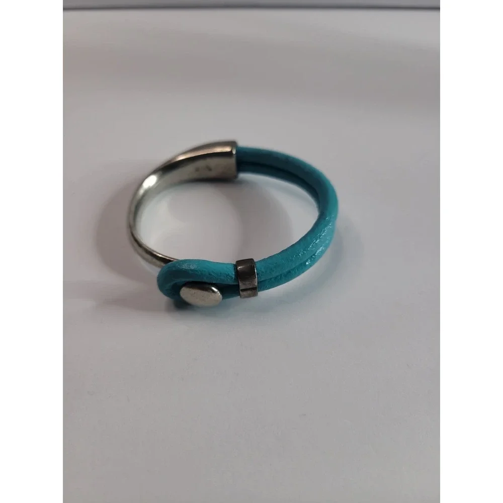 Blue Faux Leather Silver Tone Mixed Media Cuff Bracelet Modern Statement Jewelry